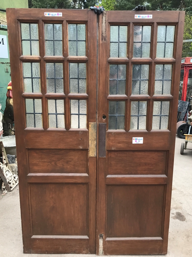 Pair of Antique Leaded Glazed Solid Pine Doors Ref 008AB