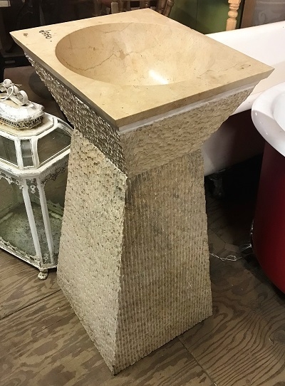 Reclaimed Modern Stone Pedestal with Marble Insert Basin