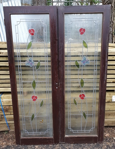 Pair of Wooden Internal Stained Glass French Doors