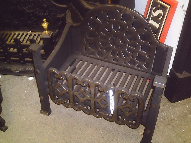 Polished Fire Basket with Ornate Fire Back